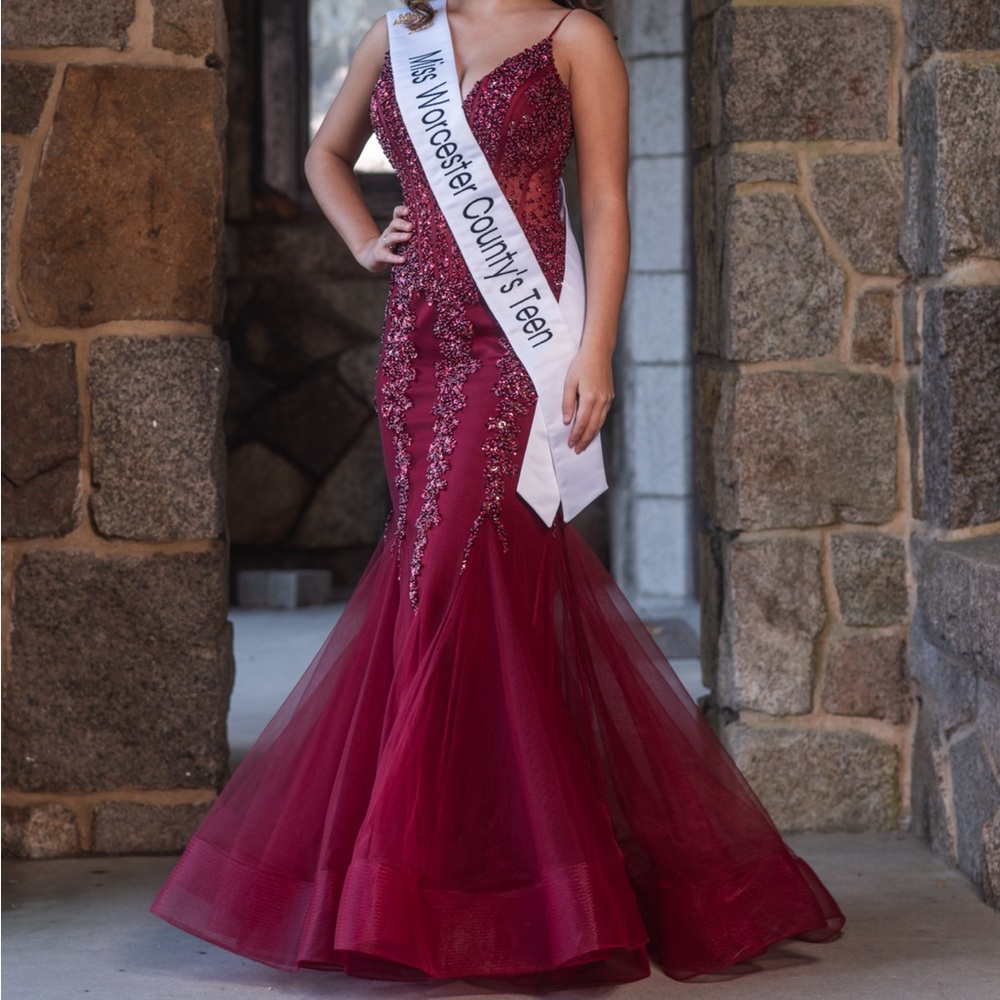 Jovani Burgundy Beaded Prom Gown